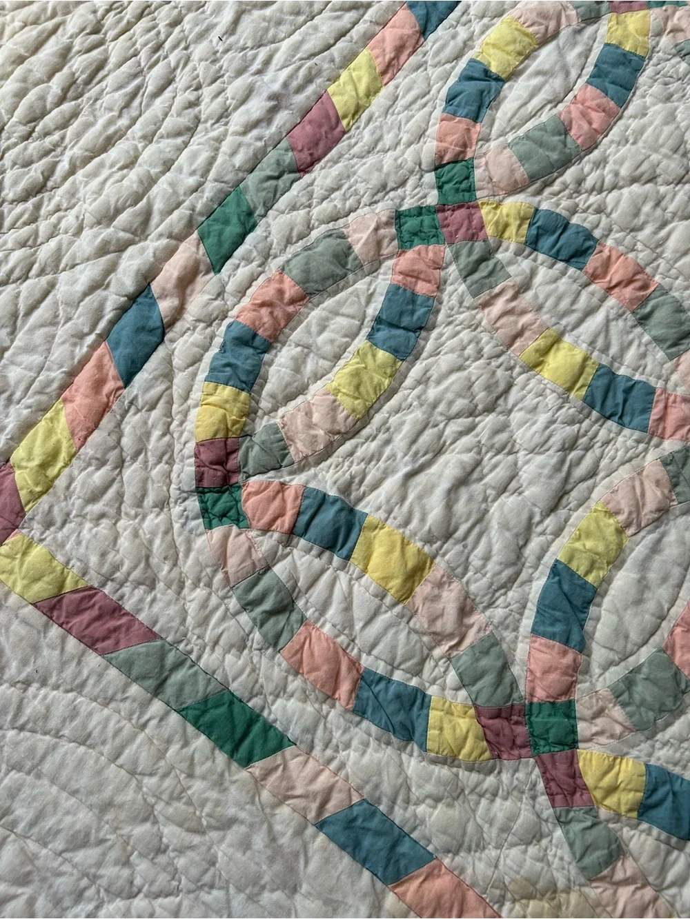 Vintage handmade White Patchwork Double Wedding Ring Quilt with Pastel Accents